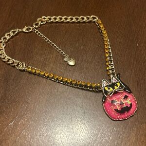 Betsey Johnson Gold Tone & Crystal Black Cat & Pink Pumpkin Pendant Necklace